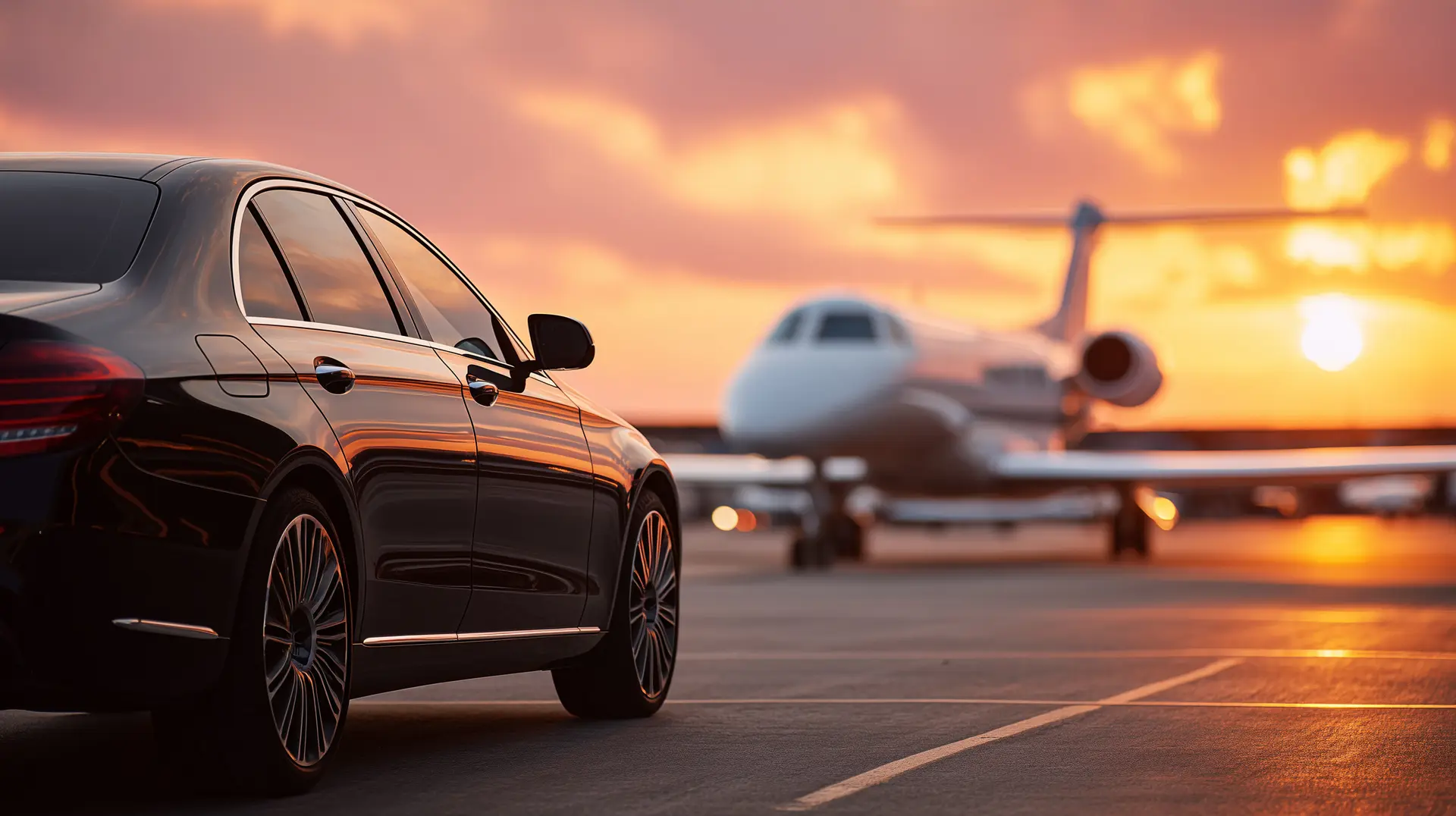 A chauffeured saloon waiting alongside a private jet on the apron at sunset, arranged by Scott & Vale.