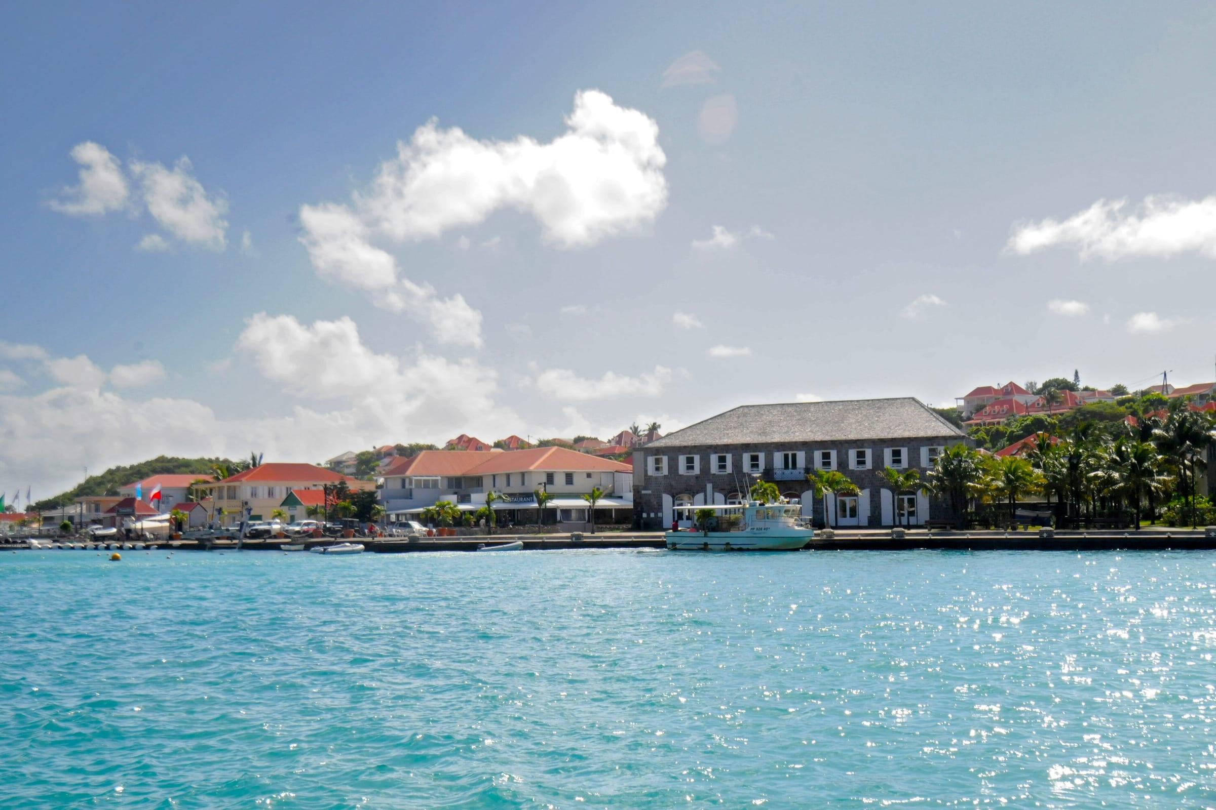 The waterfront at Gustavia, Saint Barthélemy, seen across the harbour entrance.