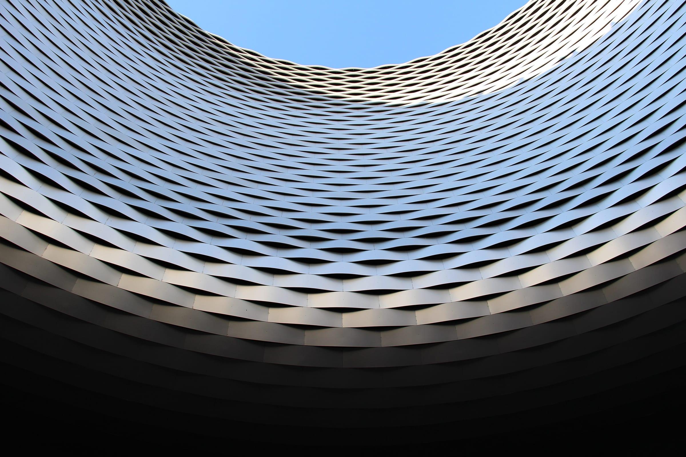 The perforated aluminium underside of the Messe Basel exhibition halls in Basel.