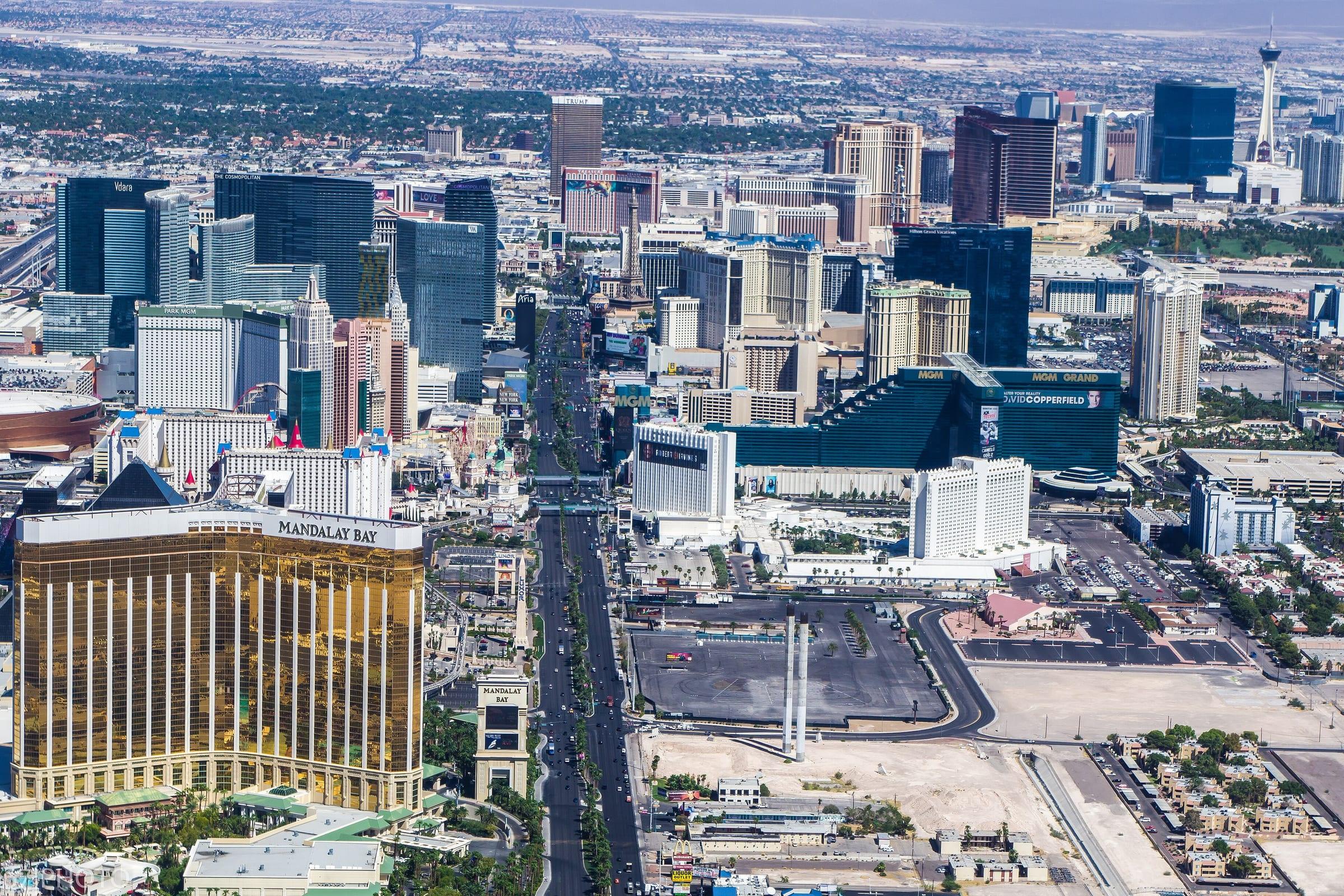 An aerial view along Las Vegas Boulevard with the resort corridor stretching north.