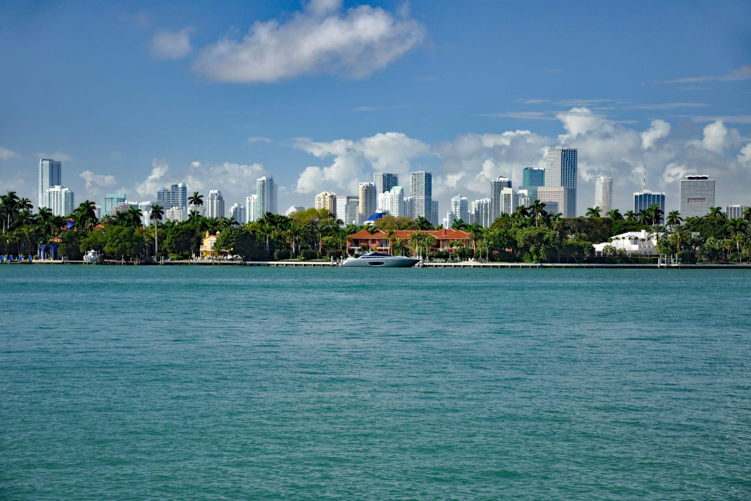 The downtown Miami skyline seen across Biscayne Bay.