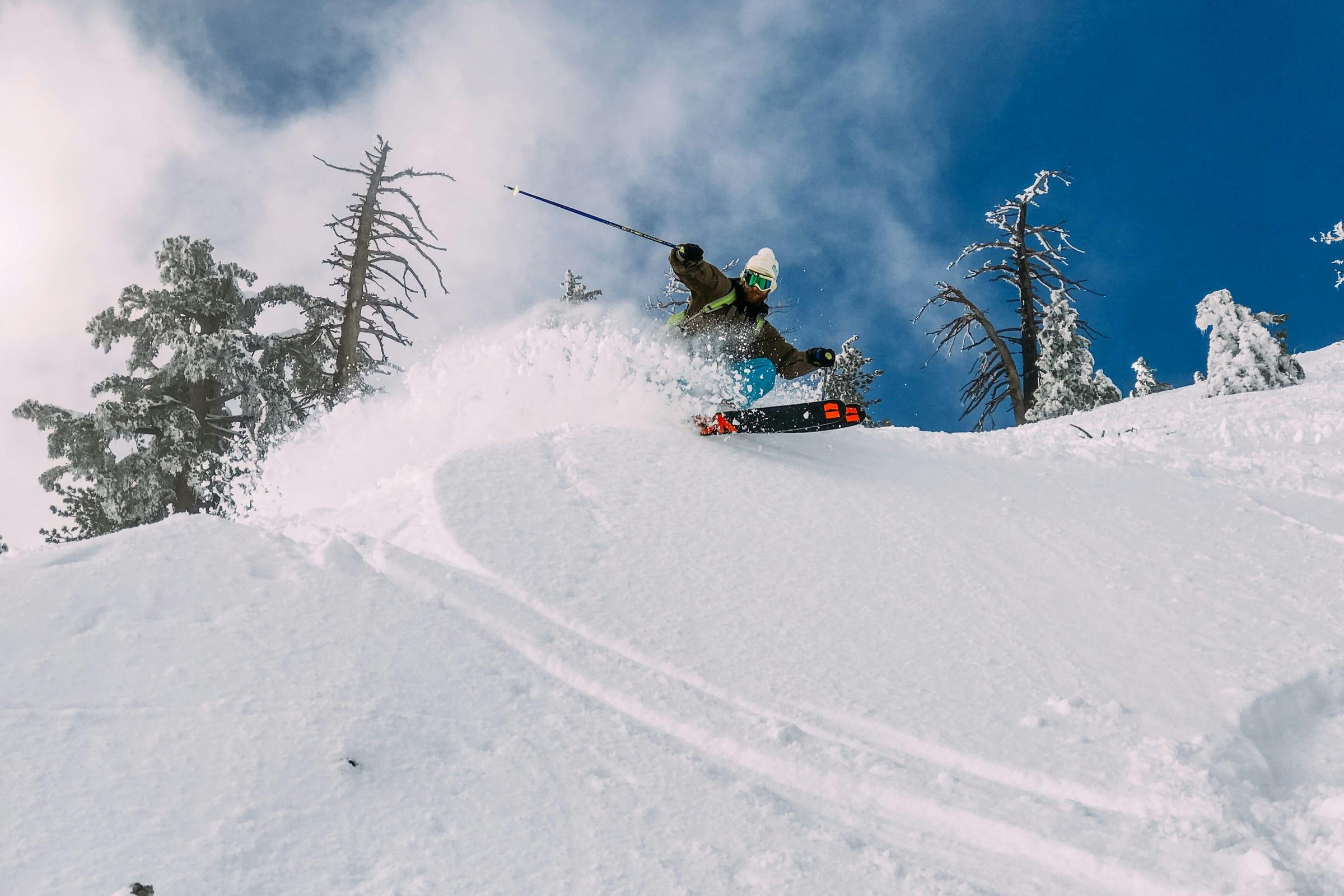 A skier cutting through deep powder on an open mountain face, snow-laden firs behind.