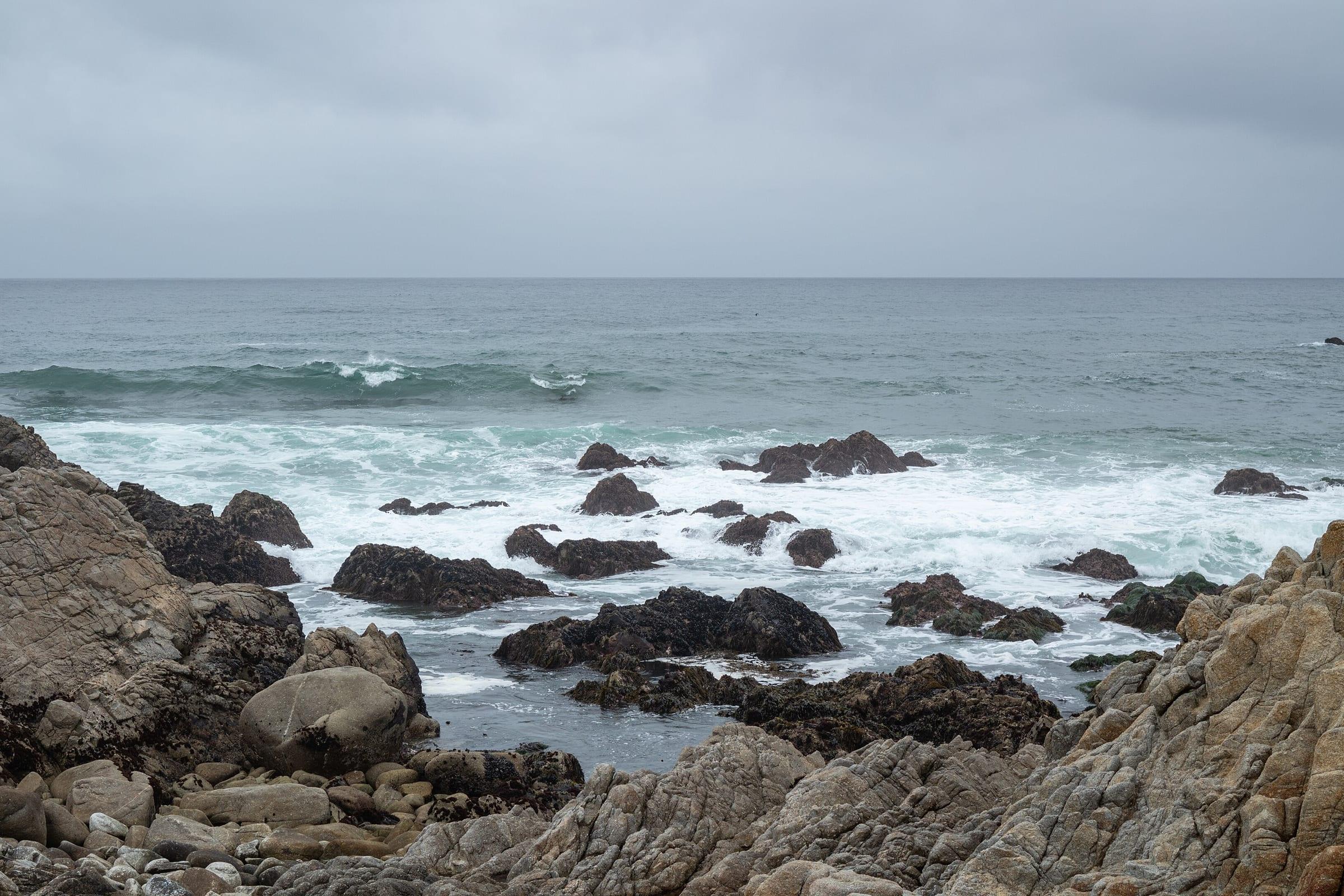 Rocks and surf along the Monterey Peninsula shoreline on the 17-Mile Drive.