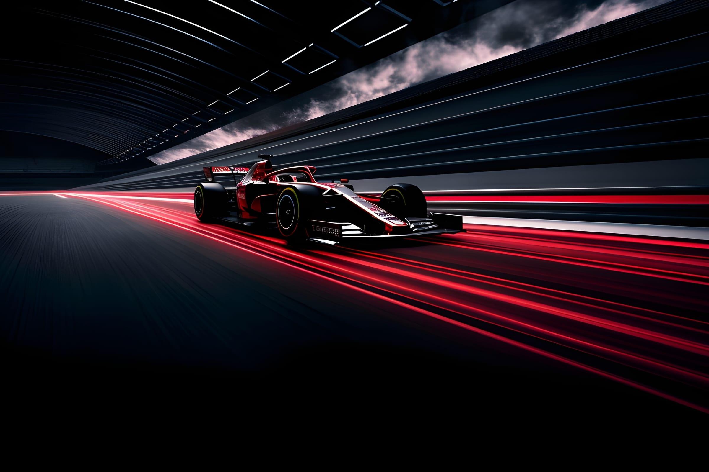 A racing car at speed under floodlight, its tail lights trailing away down the straight behind it.