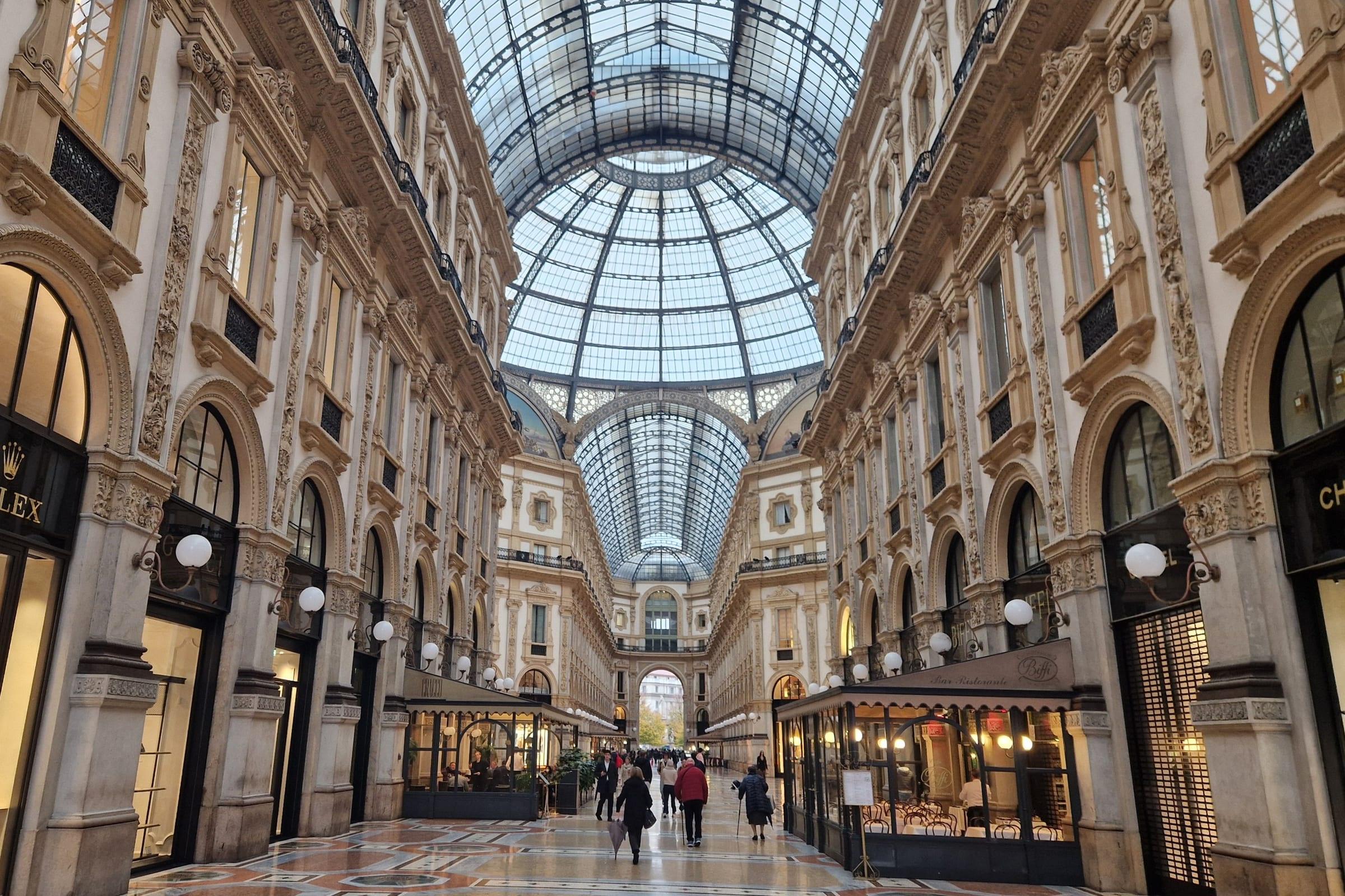 The glass-roofed arcade of the Galleria Vittorio Emanuele II in Milan.